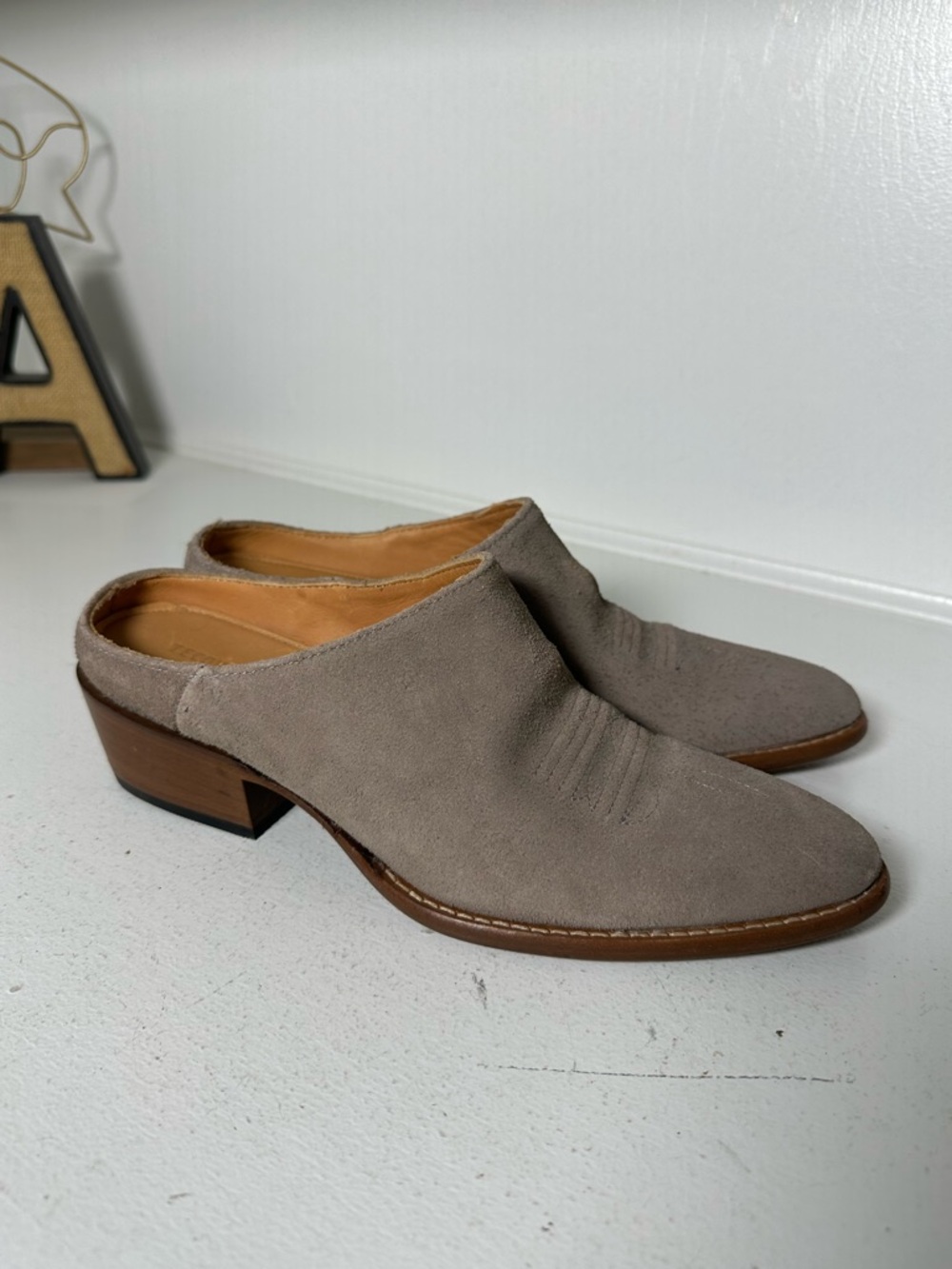 Tecovas Suede Mule Booties Womens 8B Taupe Western Slip On Heeled Mules - Picture 4 of 9
